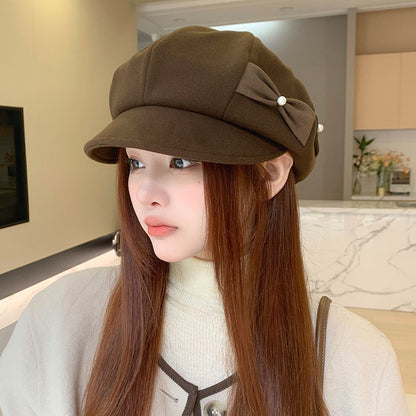 Béret Tendance avec Nœud de Perles de Mode Amincissant le Visage