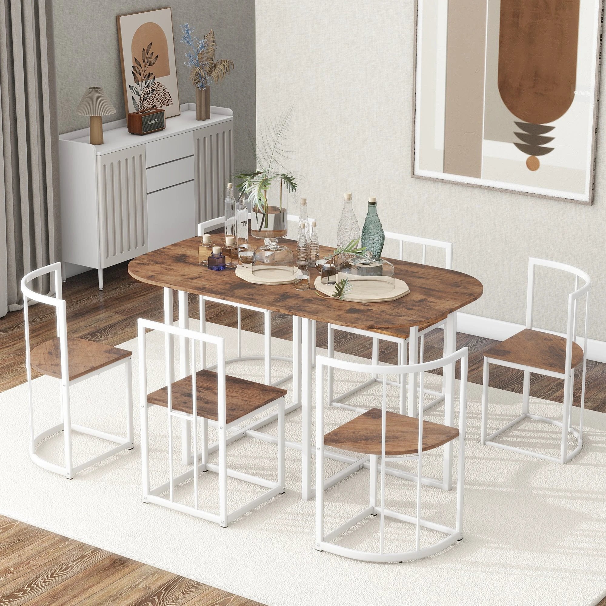 TOPMAX Modern 7-Piece Dining Table Set with Faux Marble Compact 55Inch Kitchen Table Set for 6 White+Cherry by eprolo