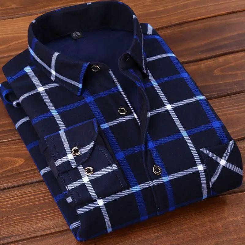 AdTec men's fleece-lined plaid flannel shirt, navy blue with white checks, warm casual outerwear