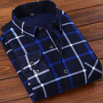 AdTec men's fleece-lined plaid flannel shirt, navy blue with white checks, warm casual outerwear