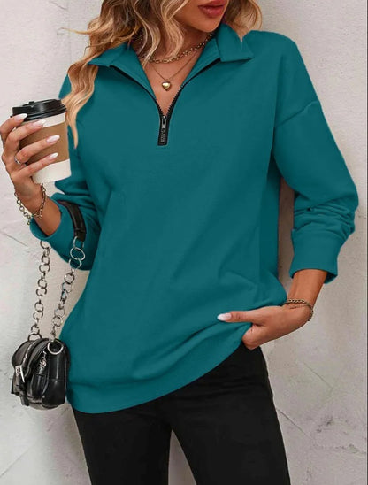 Sweat-shirt zippé mi-manches pour femmes, pull à la mode