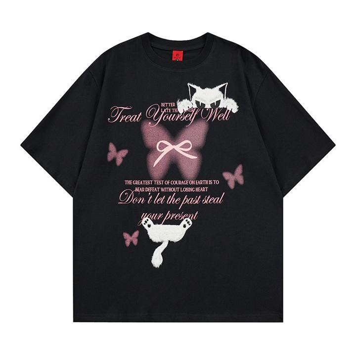 Cat and butterfly patch embroidered short sleeved T-shirt