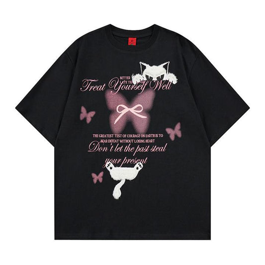 Cat and butterfly patch embroidered short sleeved T-shirt