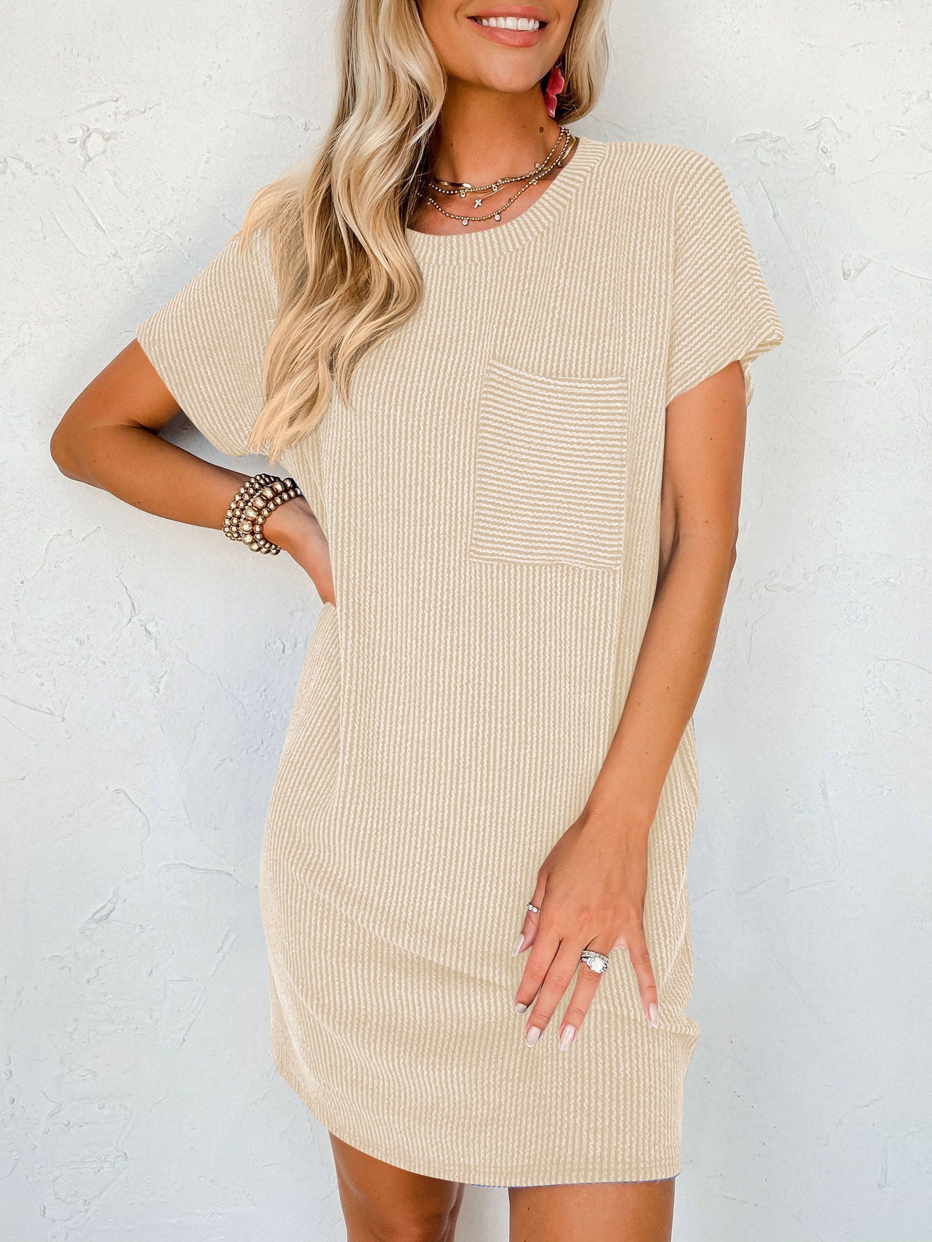 Robe Courte Rayée à Manches Courtes avec Poches pour Femme