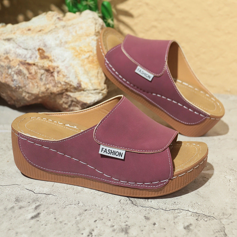 Sandales compensées d'été pour femmes, bouche de poisson à fond épais, chaussures romaines de plage de couleur unie