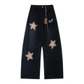 Five pointed star patch embroidered denim curved knife pants