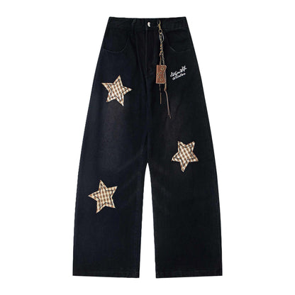 Five pointed star patch embroidered Denim Curved knife Pants