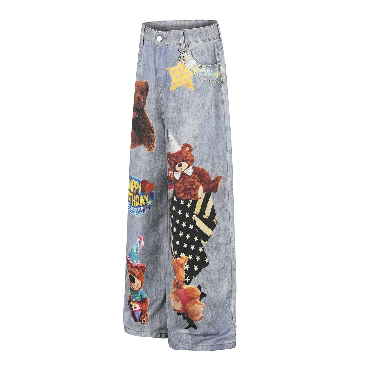 Pantalones vaqueros unisex con estampado de oso, holgados, de pierna ancha, lavados, desgastados, estilo urbano, de pierna recta, largos