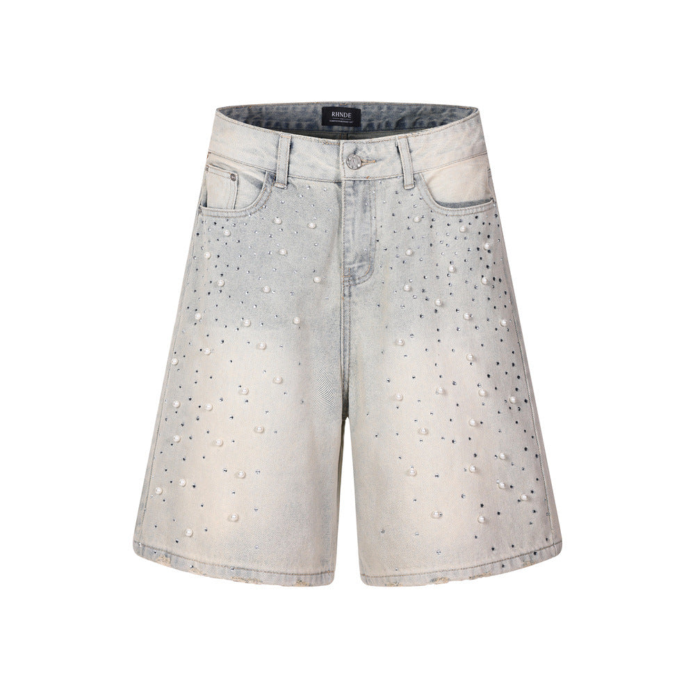 Full printed nail bead hot stamping denim shorts