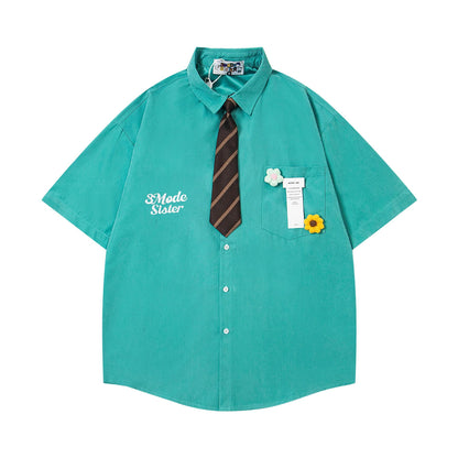 Dopamine brooch flower embroidered shirt