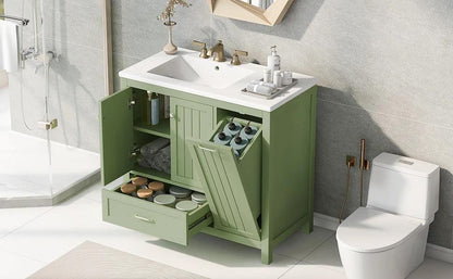 36 inch bathroom vanity with sink, one double door cabinet one large drawer and one flip drawer solid wood and MDF board, green by eprolo
