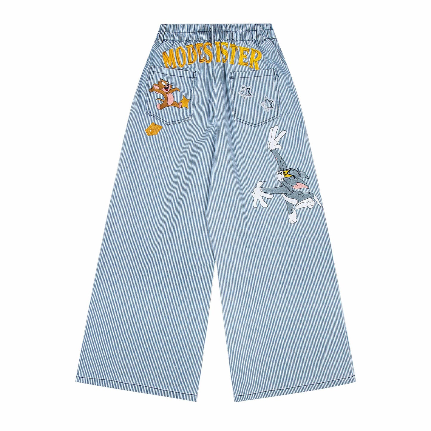 Washed deconstructive striped spliced curved knife jeans