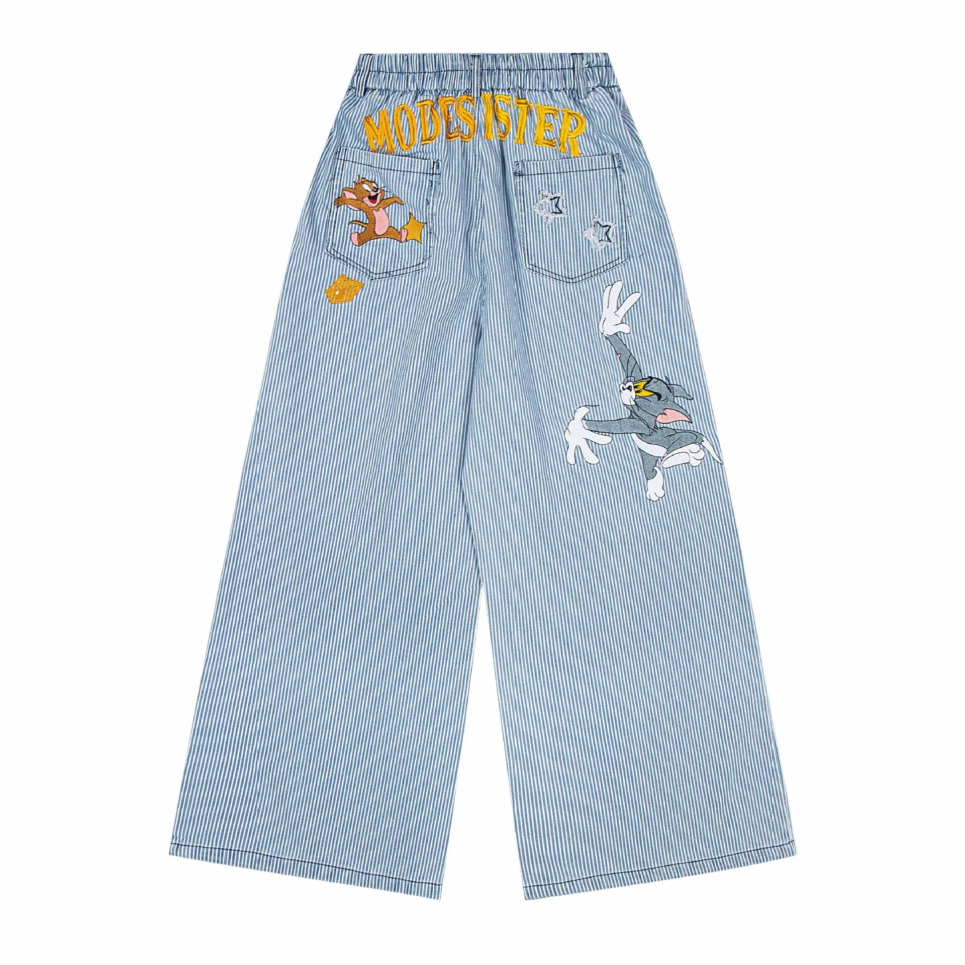 Washed deconstructive striped spliced curved knife jeans