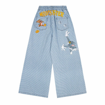 Washed deconstructive striped spliced curved knife jeans