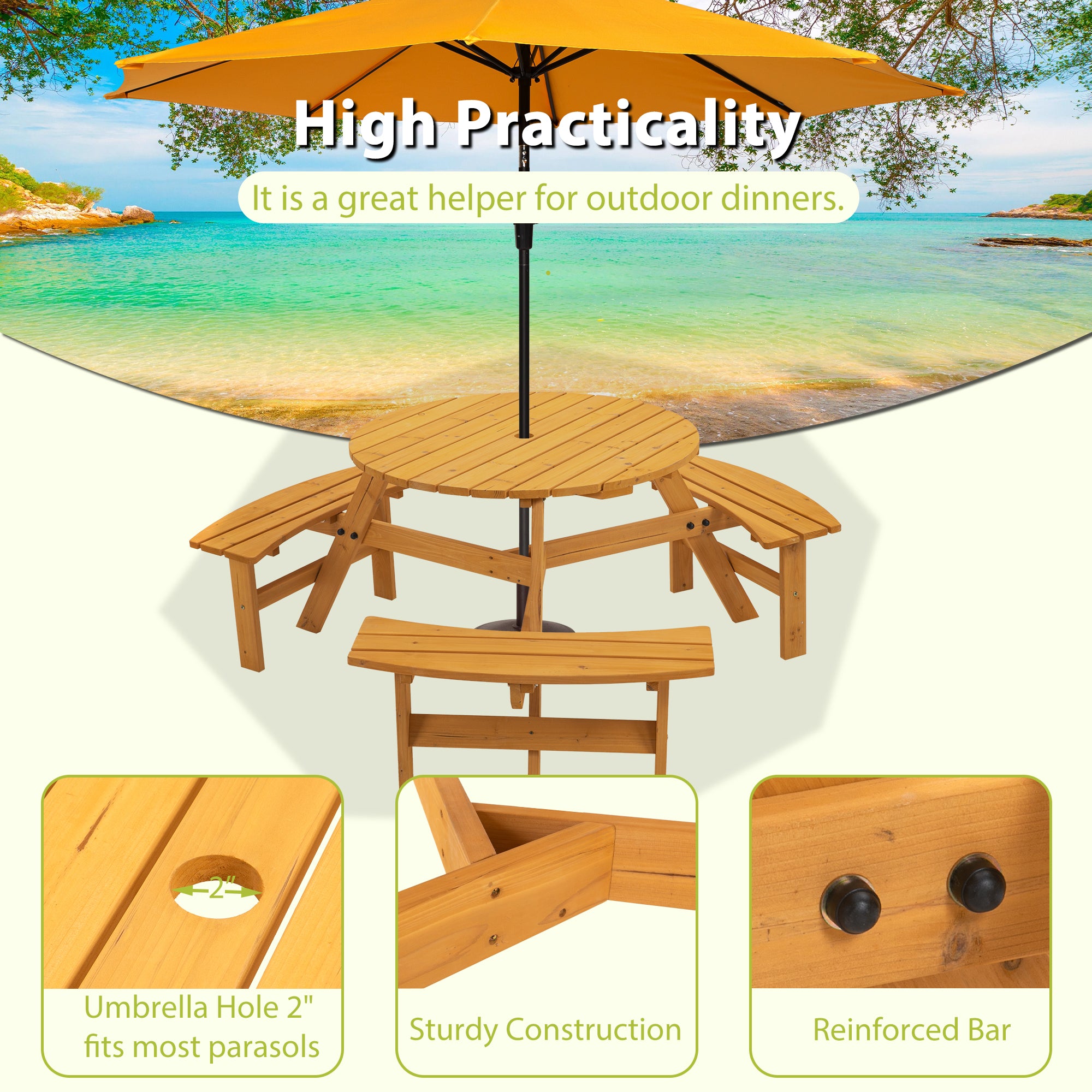 Table de pique-nique extérieure circulaire en bois 6 places pour terrasse