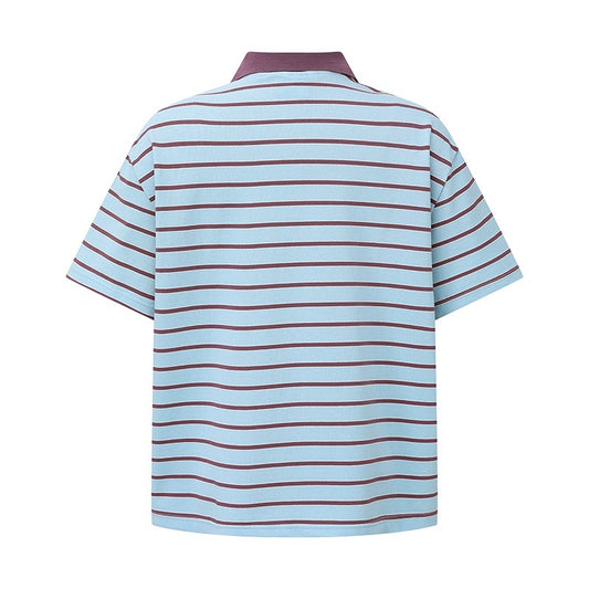 Loose short striped polo collar T-shirt