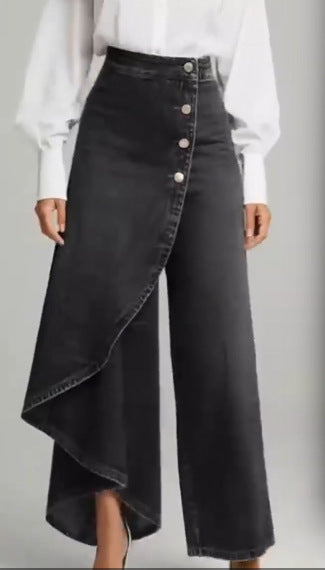 Pantalones únicos de pernera recta a la moda con volantes grandes y botones, pantalones de mujer, ropa vaquera de imitación