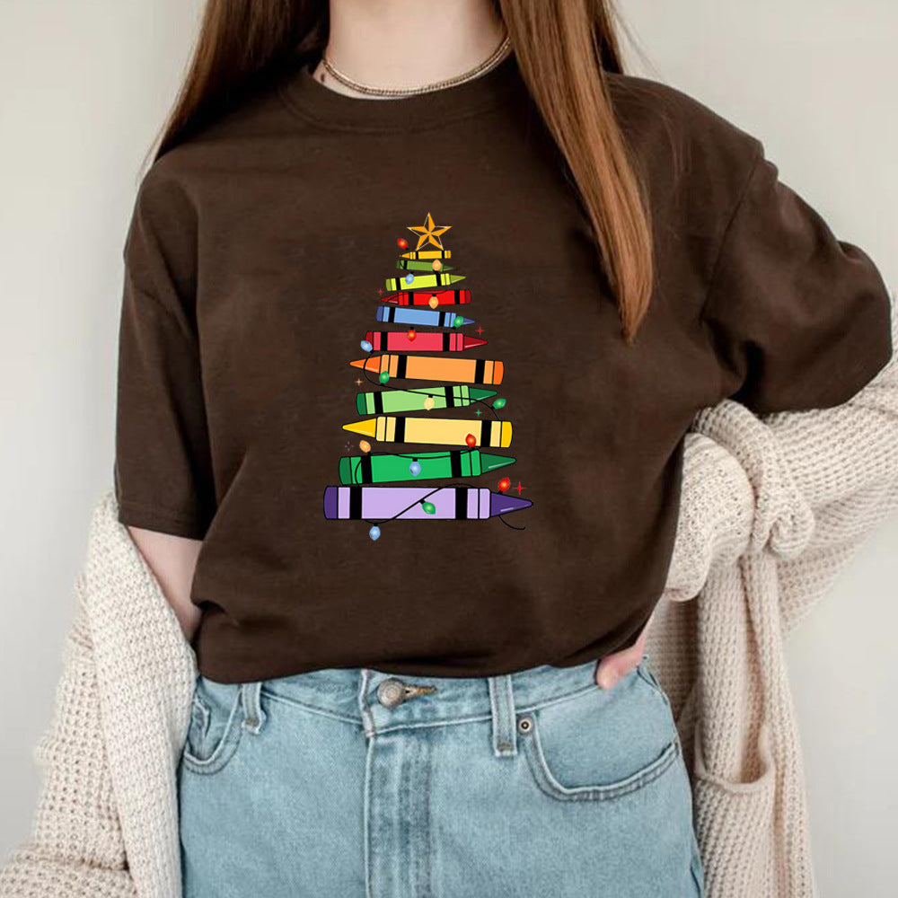 Camiseta de mujer con diseño de árbol de Navidad de crayones