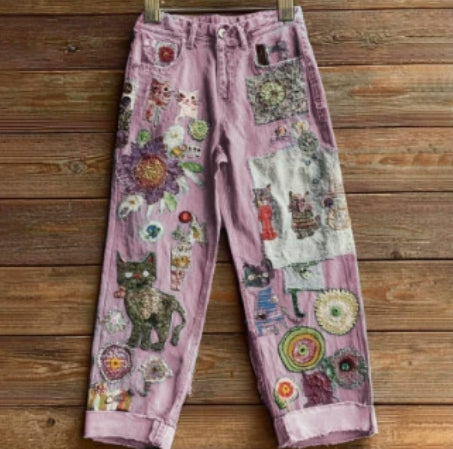 New 3D Heat-transfer Printed Flared Jeans-style Trousers In Faux Denim