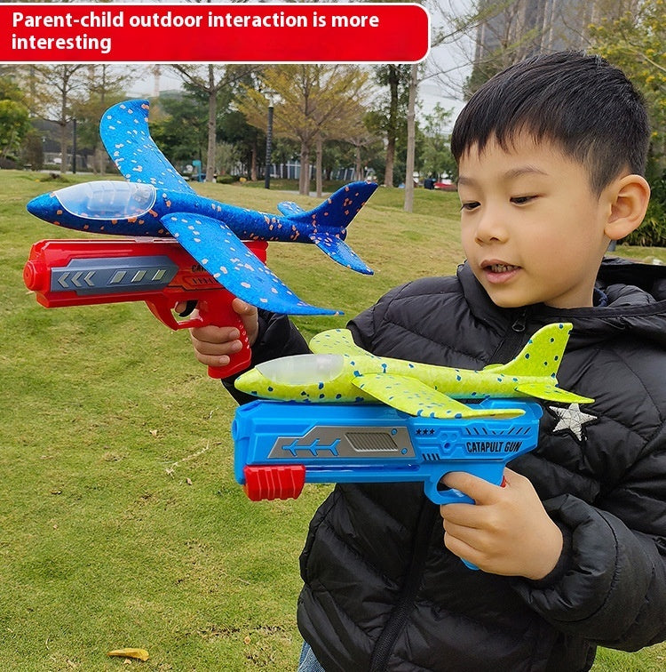 Juguete de pistola lanzador de avión de burbujas tipo catapulta para niños al aire libre