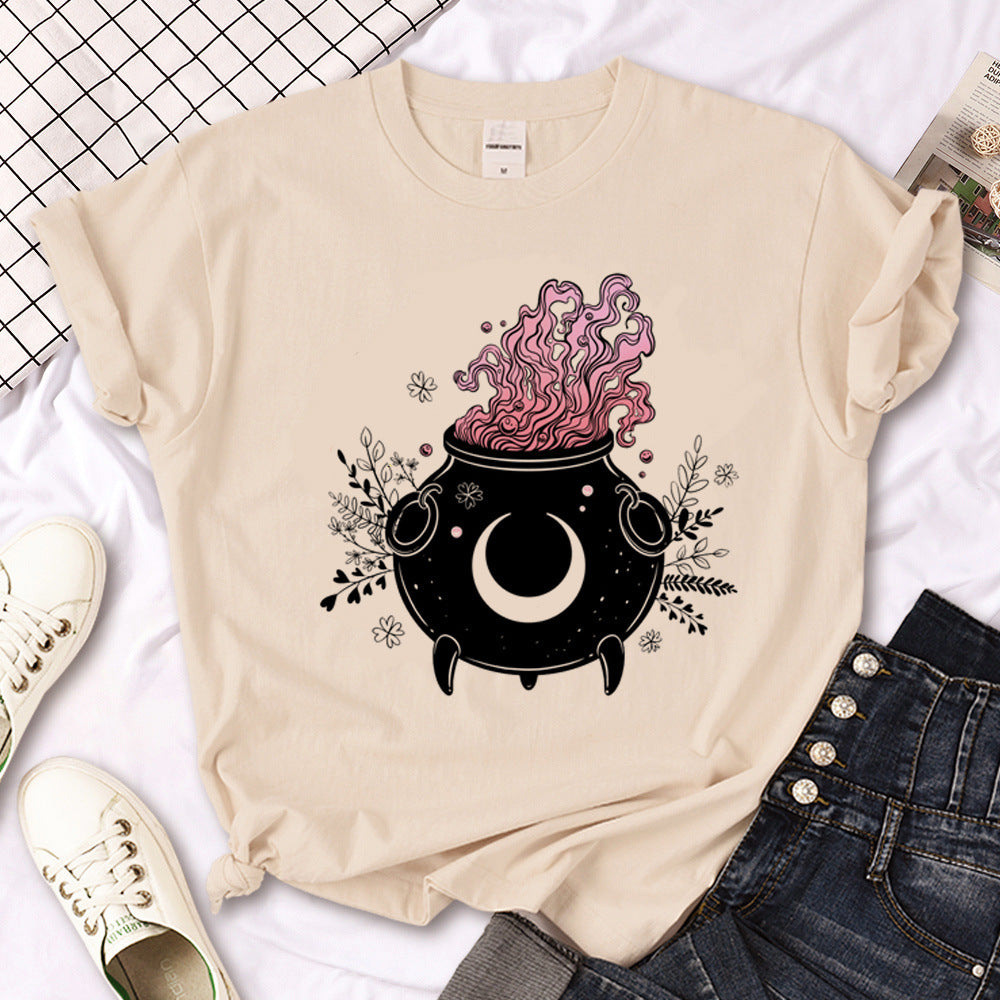 Camiseta de sol gótico de triple luna de bruja para mujer Y2K Des