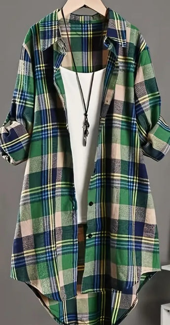 Camisa de mujer con estampado a cuadros elegante - Cuello polo clásico con cierre de botón - Manga larga casual para primavera y otoño - Un básico de armario para mujeres a la moda