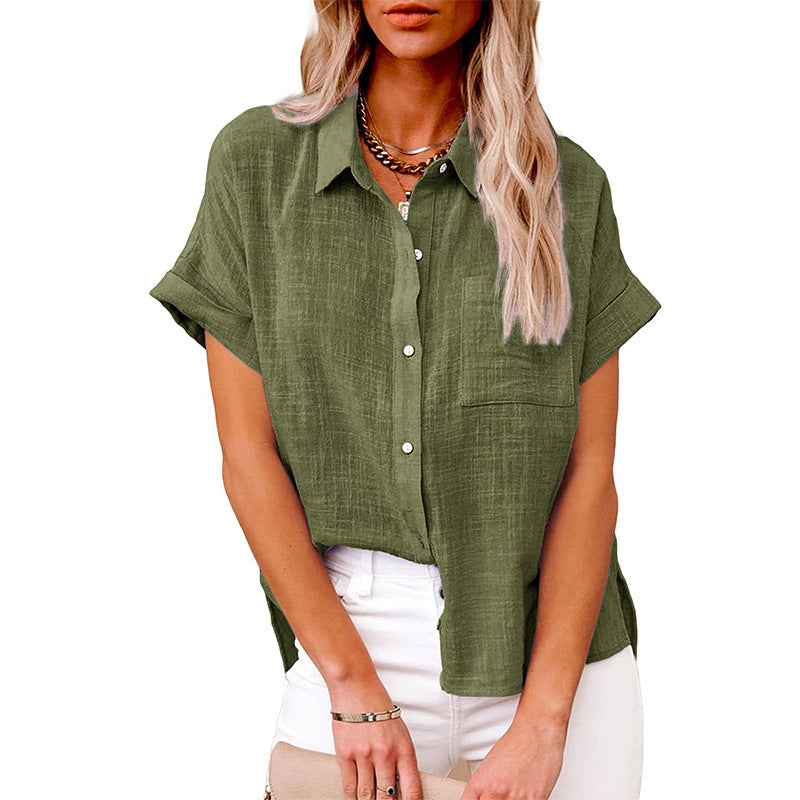Camisa de manga corta de lino y algodón informal de moda para mujer con bolsillos