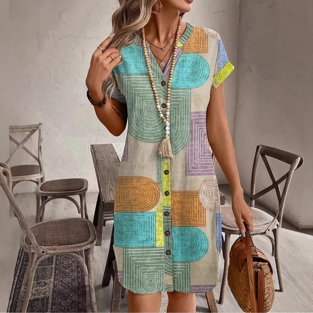 Robe élégante à col en V boutonnée en tissu imprimé