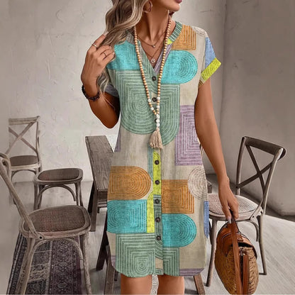 Robe élégante à col en V boutonnée en tissu imprimé