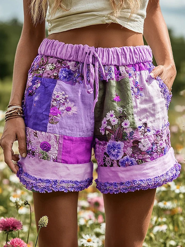 Pantalones cortos casuales de mujer con estampado floral retro europeo y americano