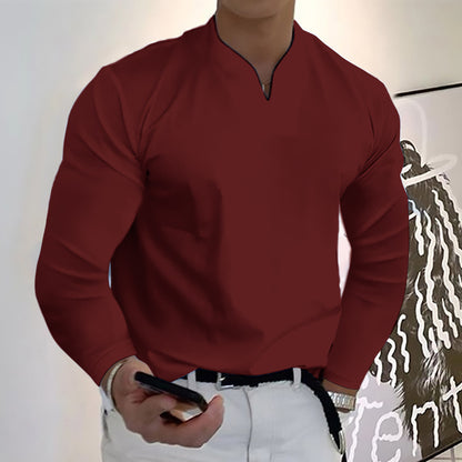 Chemises à manches longues col en V couleur unie décontractées pour hommes