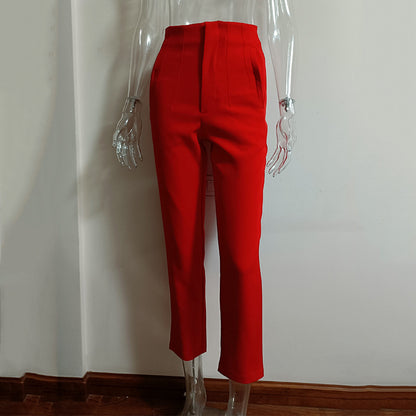Pantalon plissé décontracté taille haute, couleur unie, coupe ajustée, basique