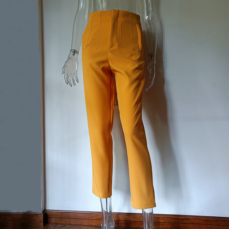 Pantalon plissé décontracté taille haute, couleur unie, coupe ajustée, basique