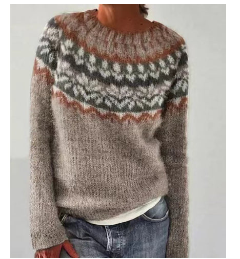 Pull en tricot ample multicolore à col rond et à la mode pour femme