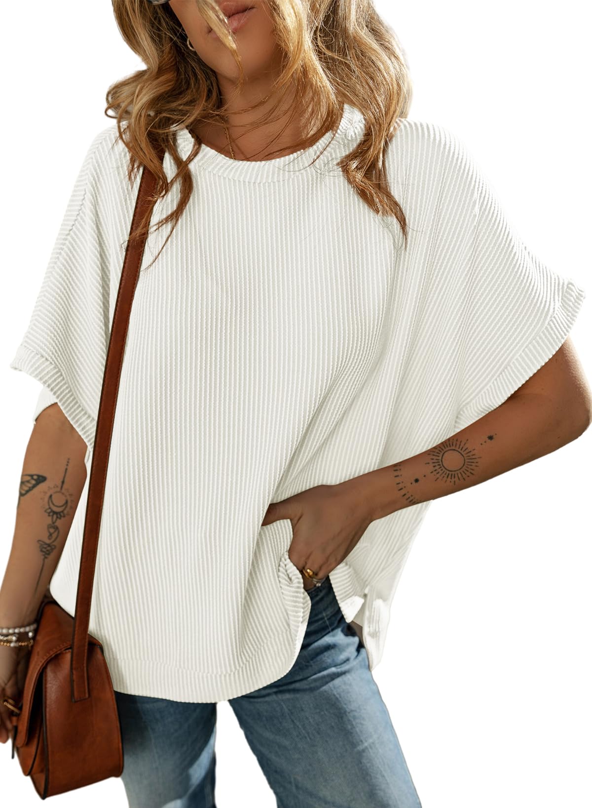 T-shirt en tricot couleur unie pour femme, pull ample et décontracté