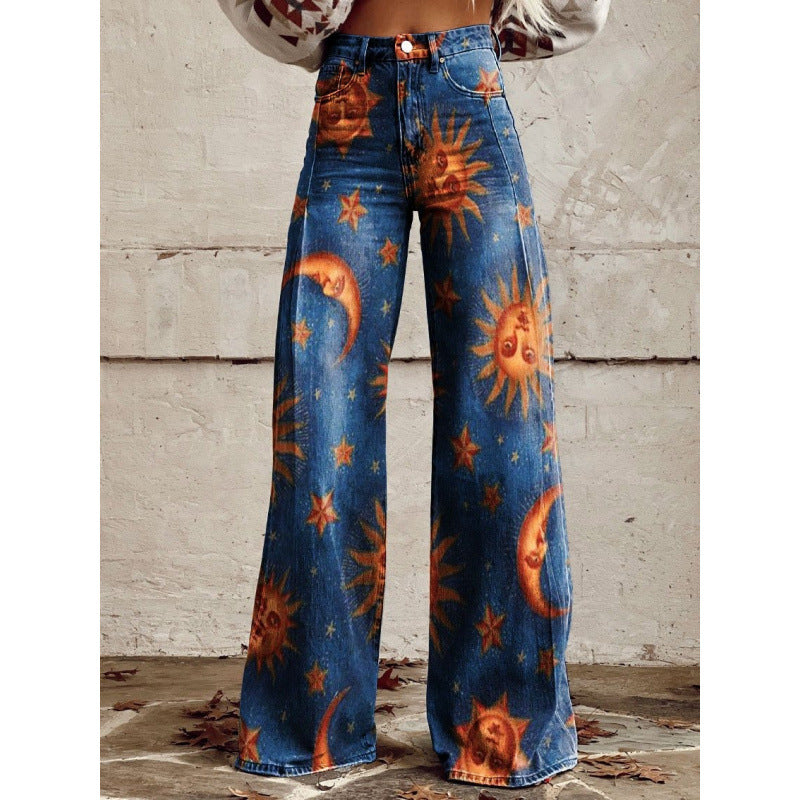 Pantalones de pata ancha, transferencia térmica, tipo campana, simulación de vaqueros