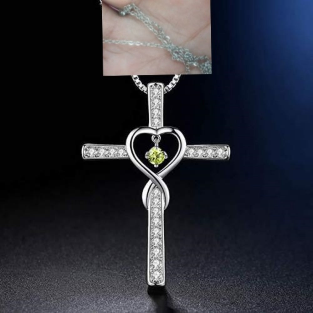 Infinito Amor Dios Confiamos Cruz Cristiana Piedra Natal Collar Colgante Gemas de Color Circón Corazón Collar Joyería para Mujer