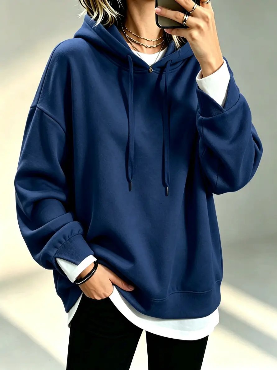 Plus-size loose-fit long-sleeve navy solid-color hoodie with drawstrings