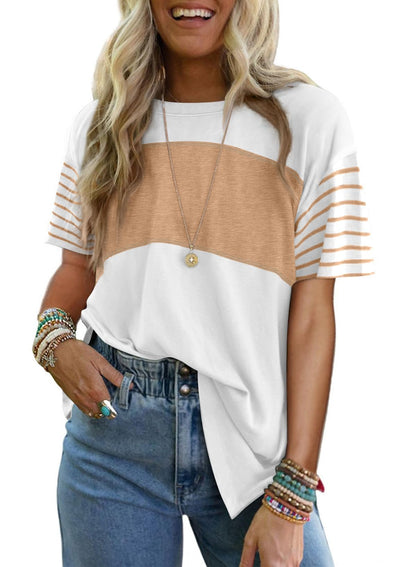 T-shirt à manches courtes rayé et color-block décontracté à col rond pour femme