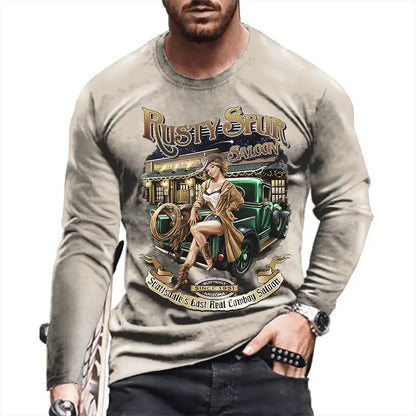 Men's long-sleeve T-shirt with Rusty Spur Saloon graphic on beige fabric