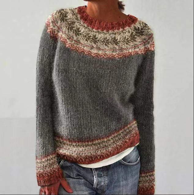 Suéter holgado de moda multicolor con cuello redondo para mujer