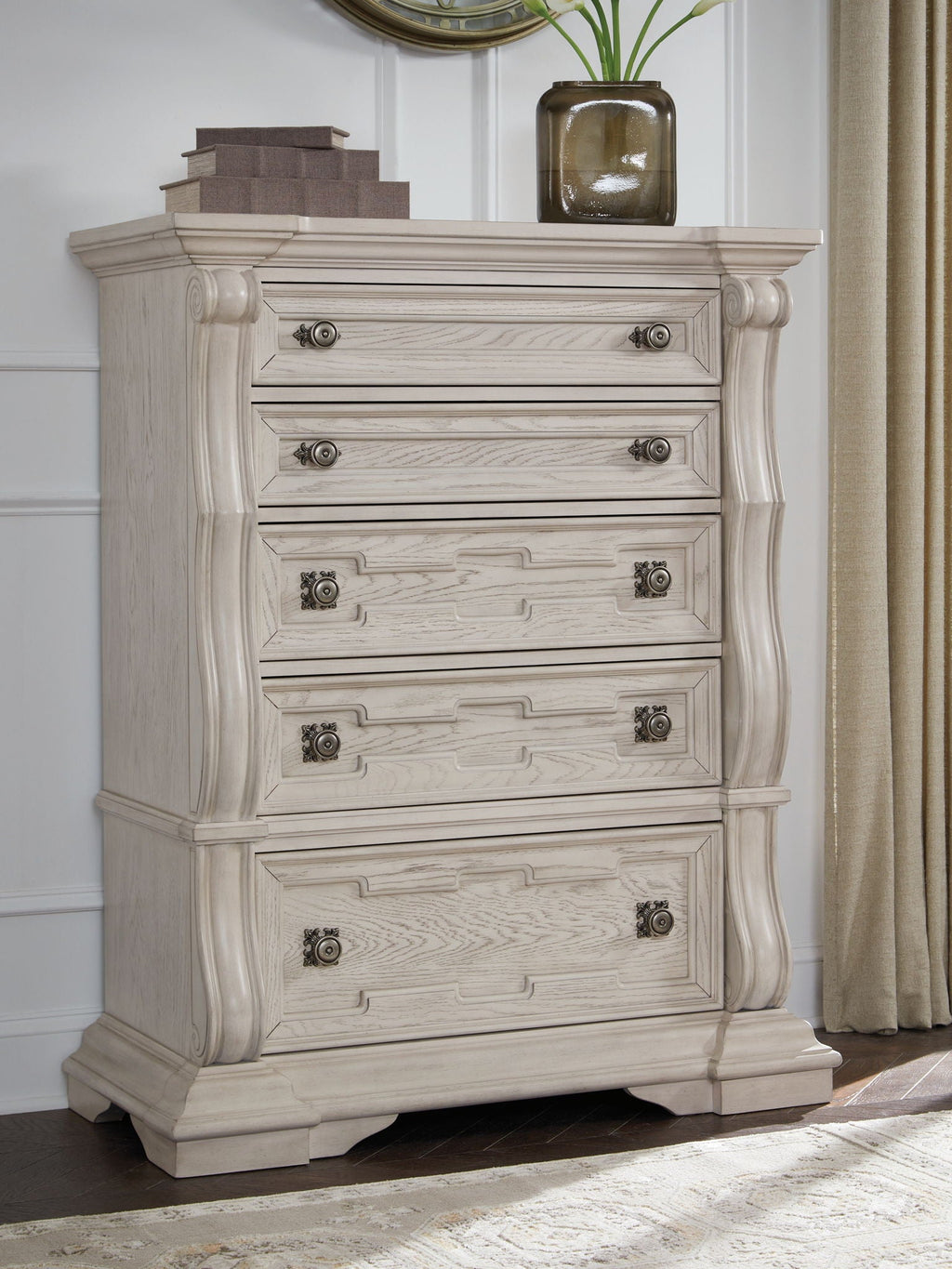Antigua White 5 Drawer Chest with Bronze Hardware-2