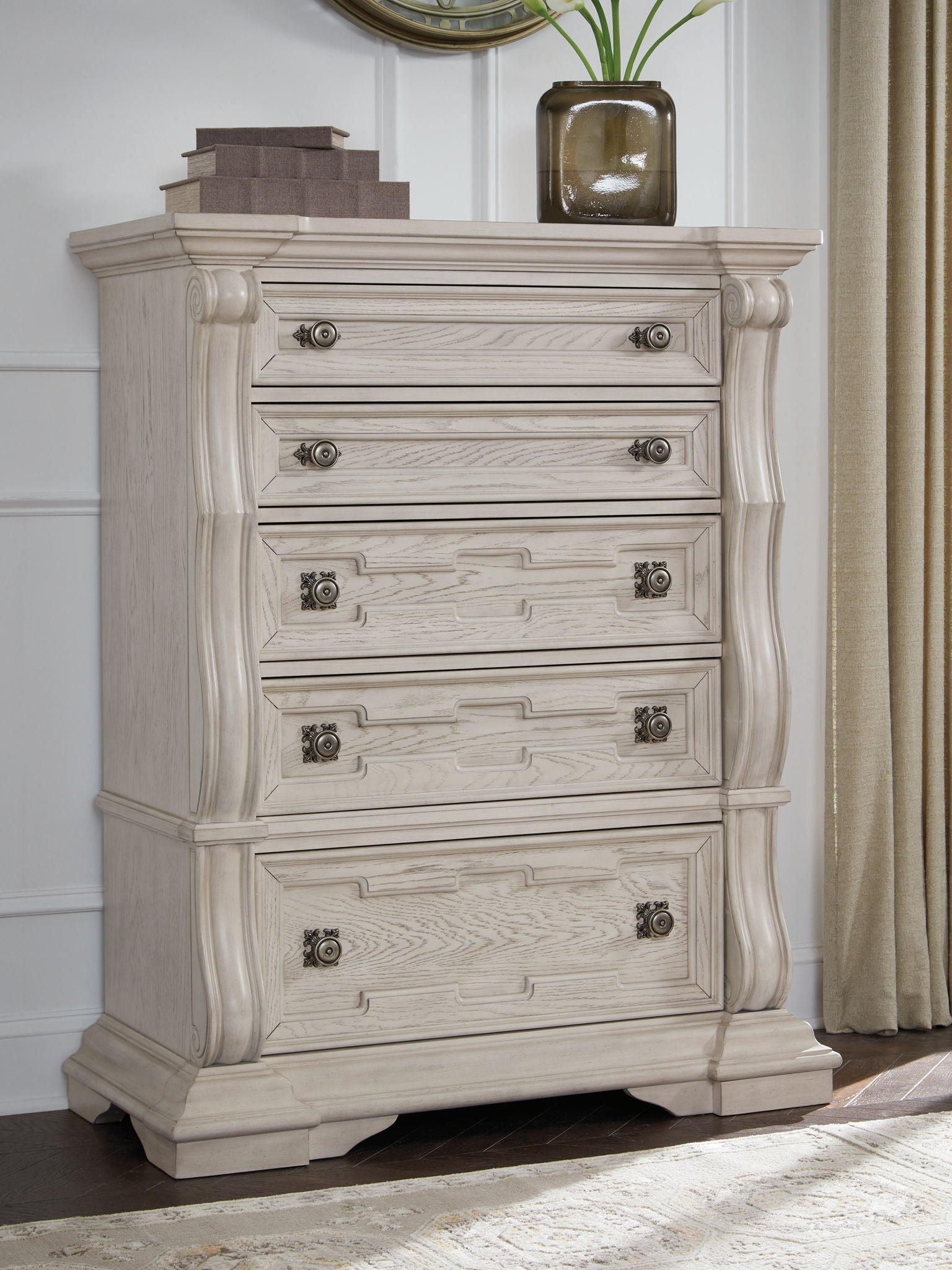 Antigua White 5 Drawer Chest with Bronze Hardware-2