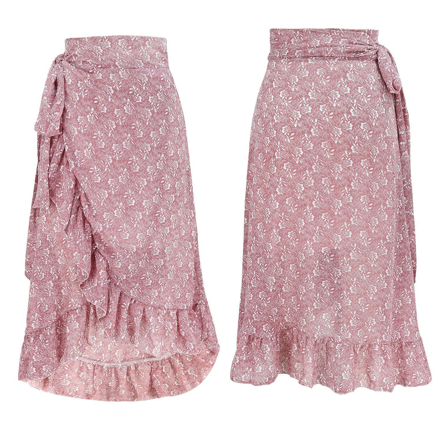 Jupe Longue Femme Taille Haute Mode Noire Nouée Enveloppante Fleurie Volants Mousseline de Soie Coupe Évasée Fendue Vêtements Printemps-Été