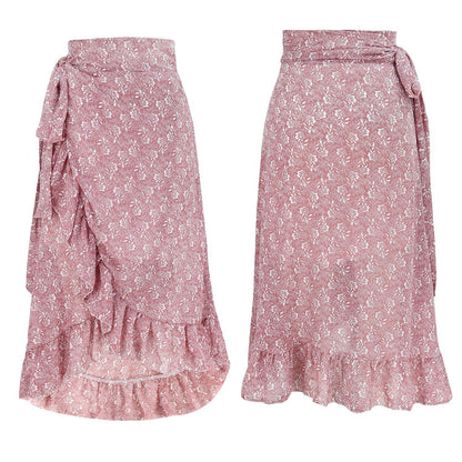 Jupe Longue Femme Taille Haute Mode Noire Nouée Enveloppante Fleurie Volants Mousseline de Soie Coupe Évasée Fendue Vêtements Printemps-Été