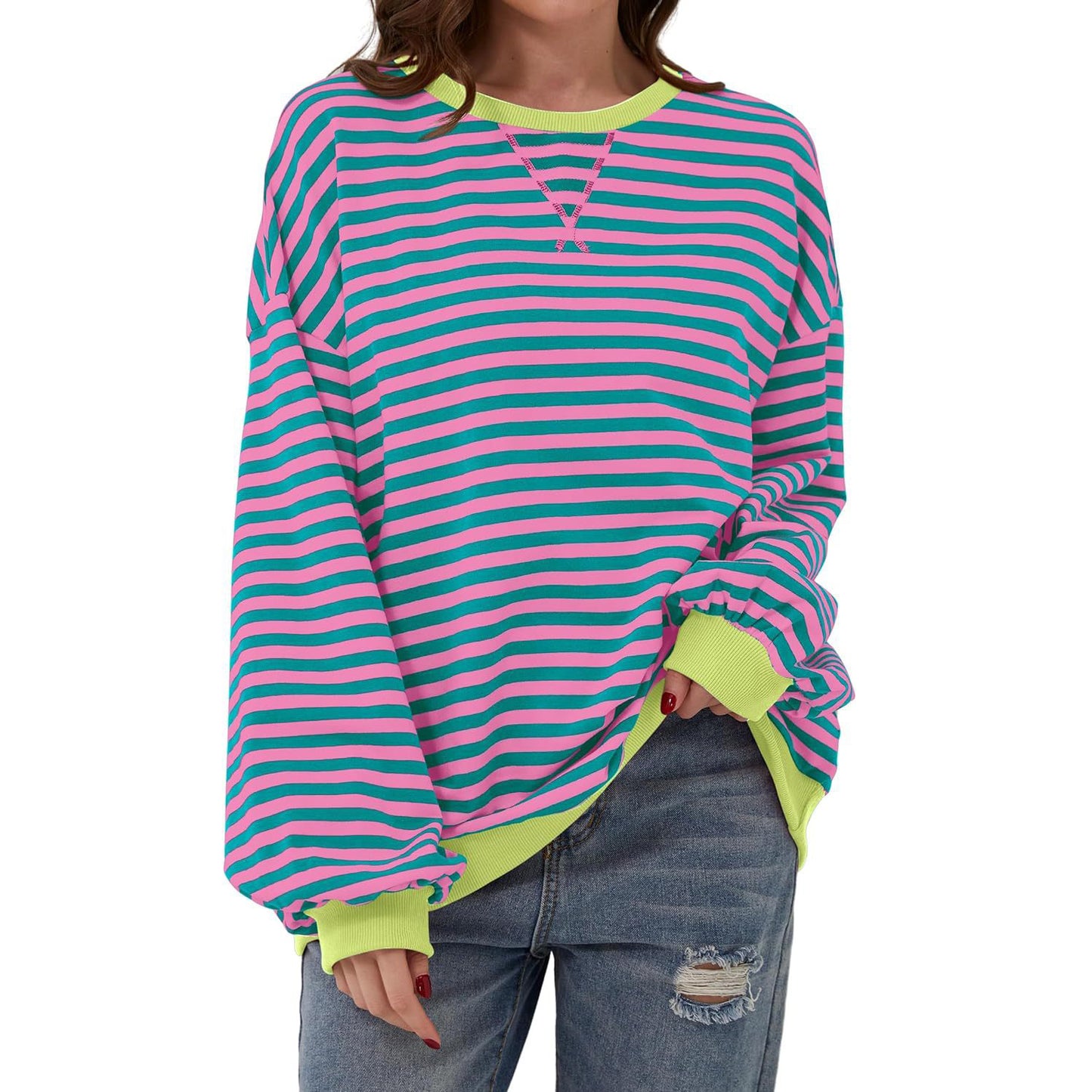 T-shirt ample à manches longues rayé, pull décontracté pour vêtements pour femmes