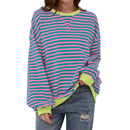 T-shirt ample à manches longues rayé, pull décontracté pour vêtements pour femmes