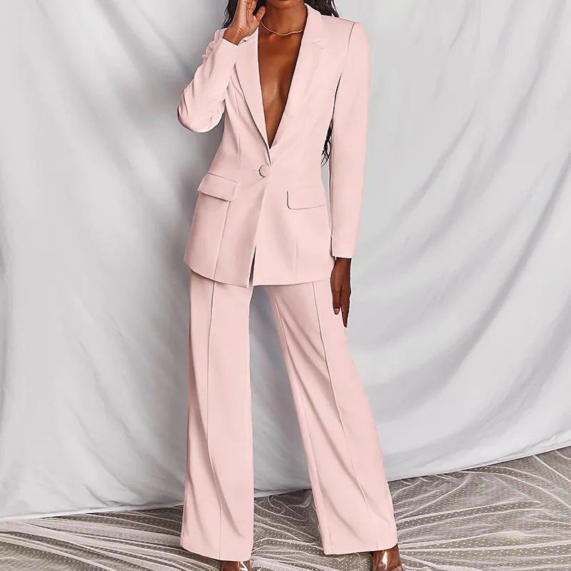 Traje casual de 2 piezas, chaqueta tipo blazer con solapa y botones, y pantalones de pierna recta. Conjunto de ropa de oficina para negocios y traslados.