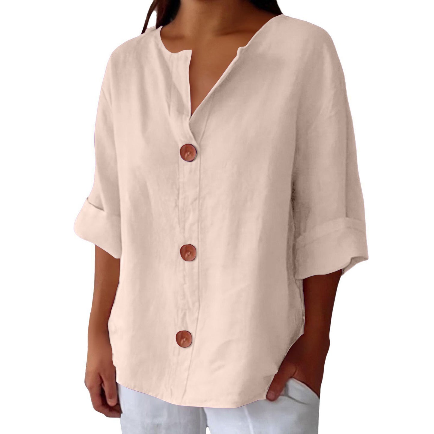 Chemisier boutonné femme en coton et lin col en V