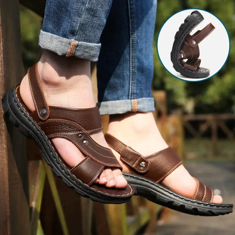 Men's AdTec brown leather sandals with adjustable back strap and rugged black sole